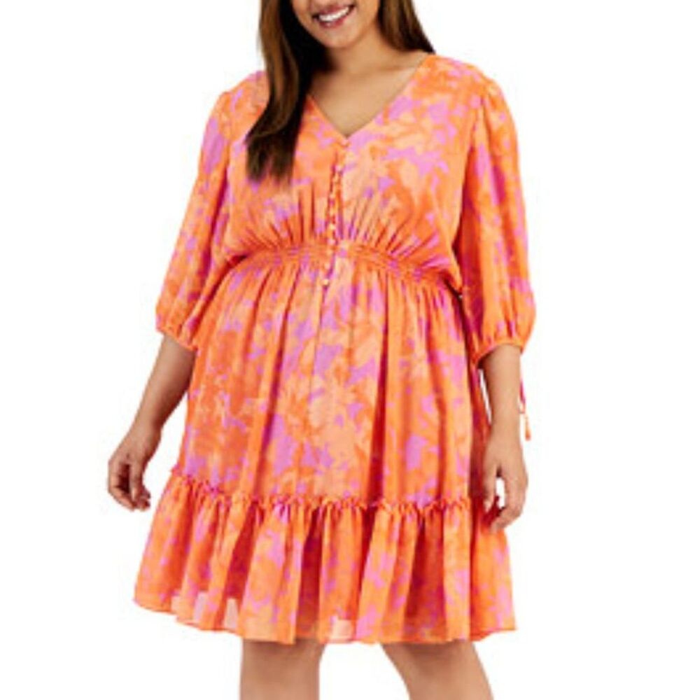 TAYLOR Plus Size Printed Smocked-Waist Tie-Sleeve Dress, NEW! Size 22
